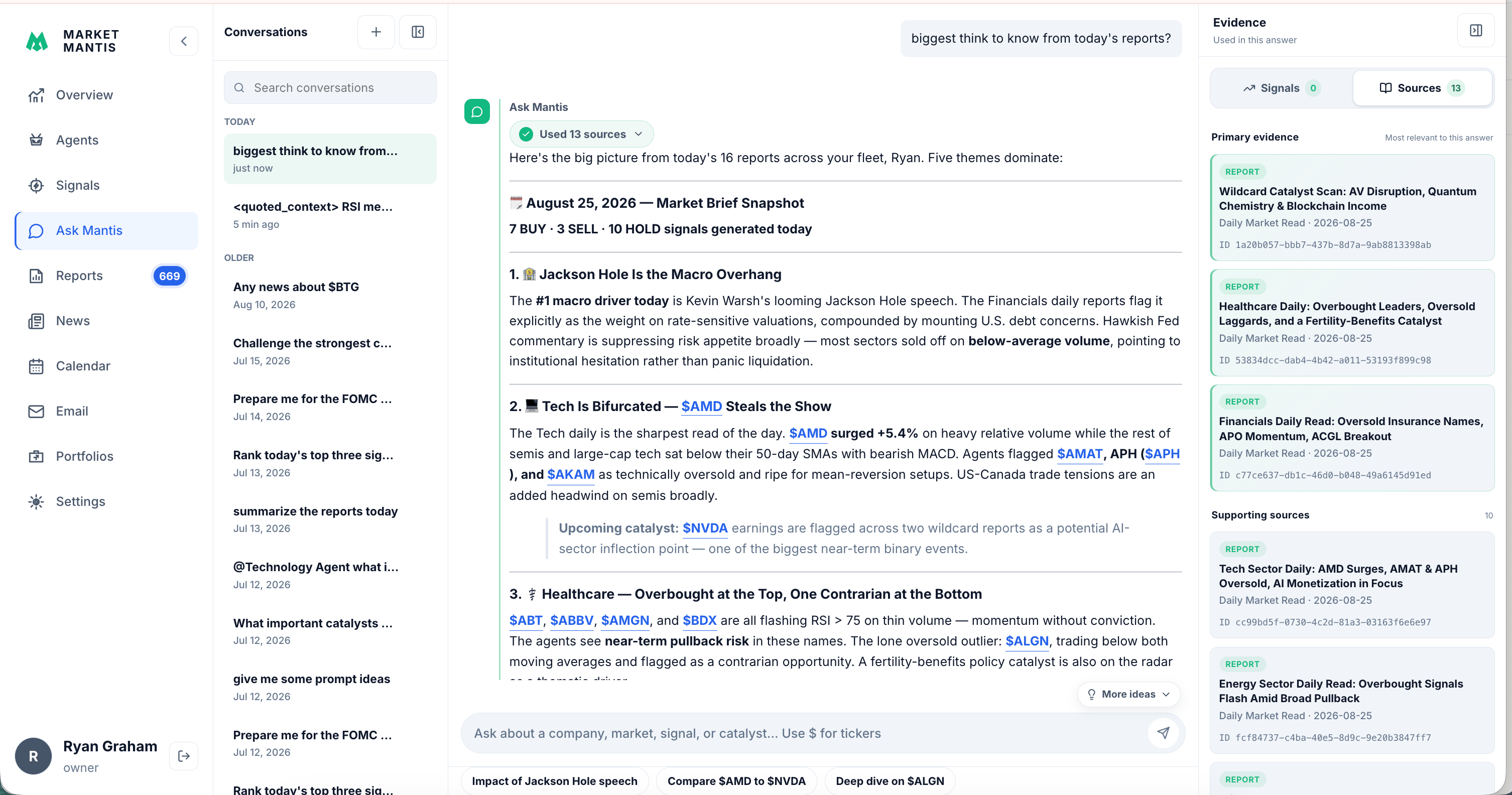 Market Mantis research conversation with source evidence alongside the answer