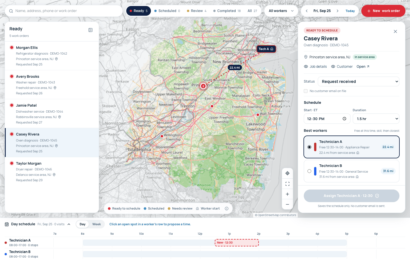 Dispatch queue in the Next Day Service operations workspace; preserved interface · illustrative data
