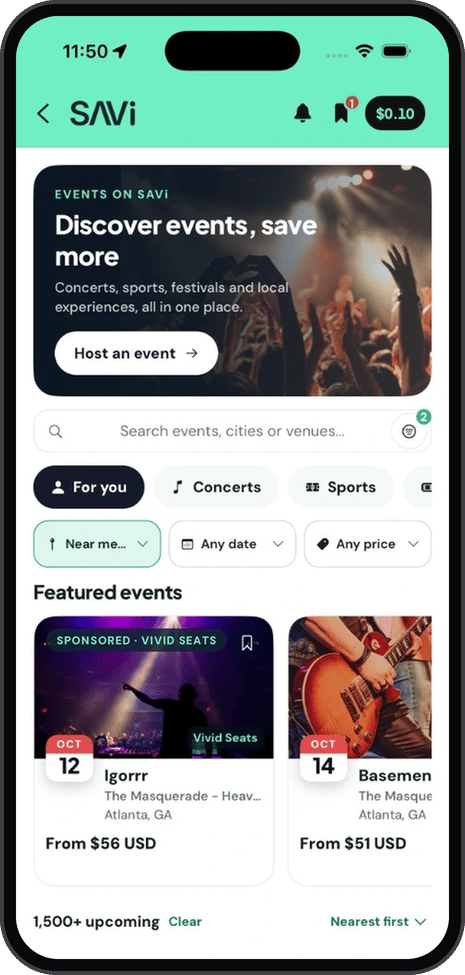 Savi app: discovering concerts and events with savings