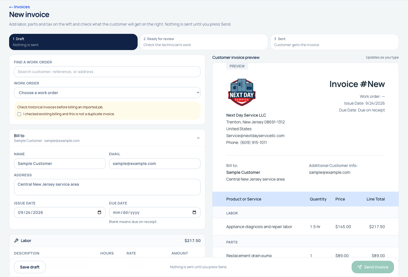Sample invoice setup in the operations workspace